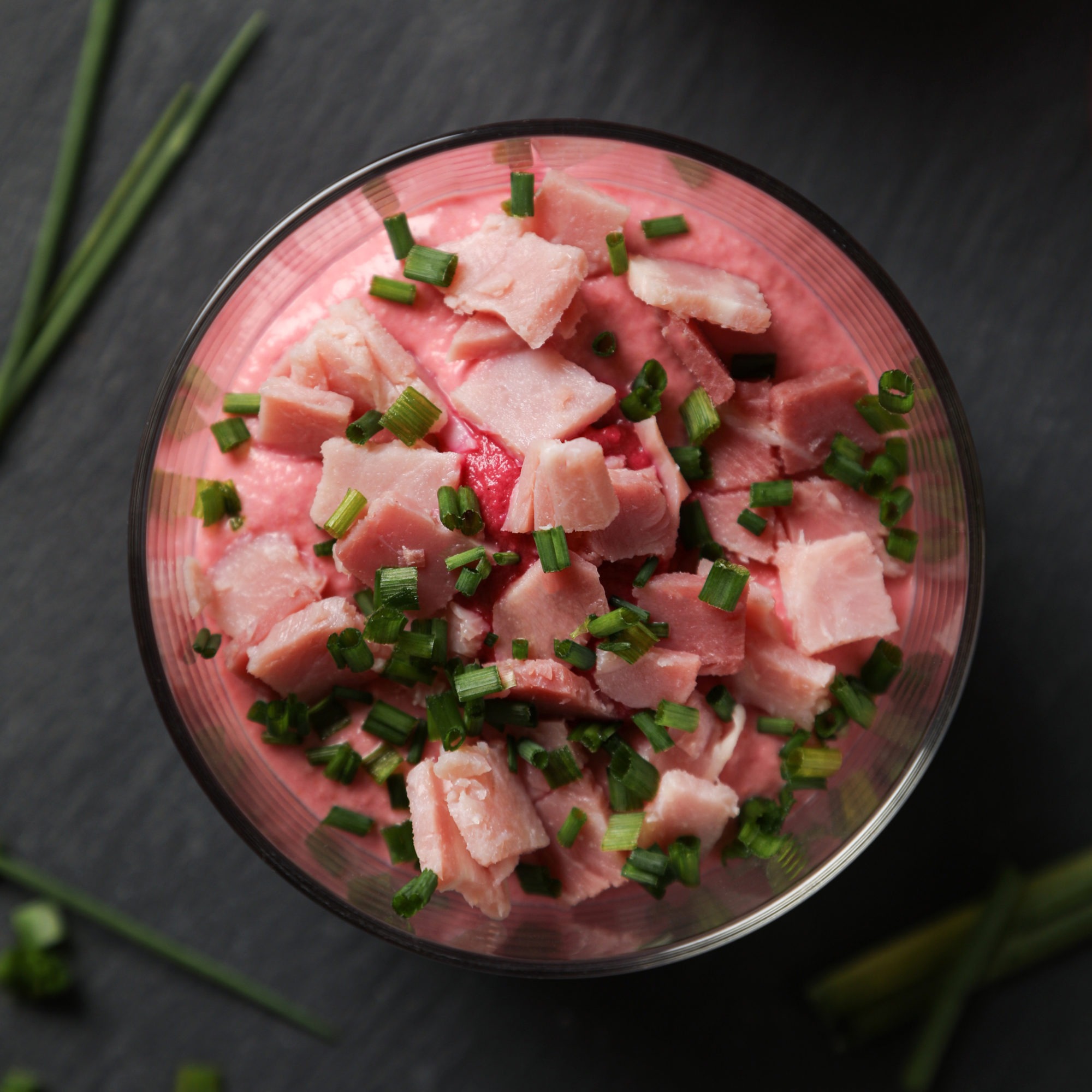 Verrine de Jambon, fromage frais et betteraves